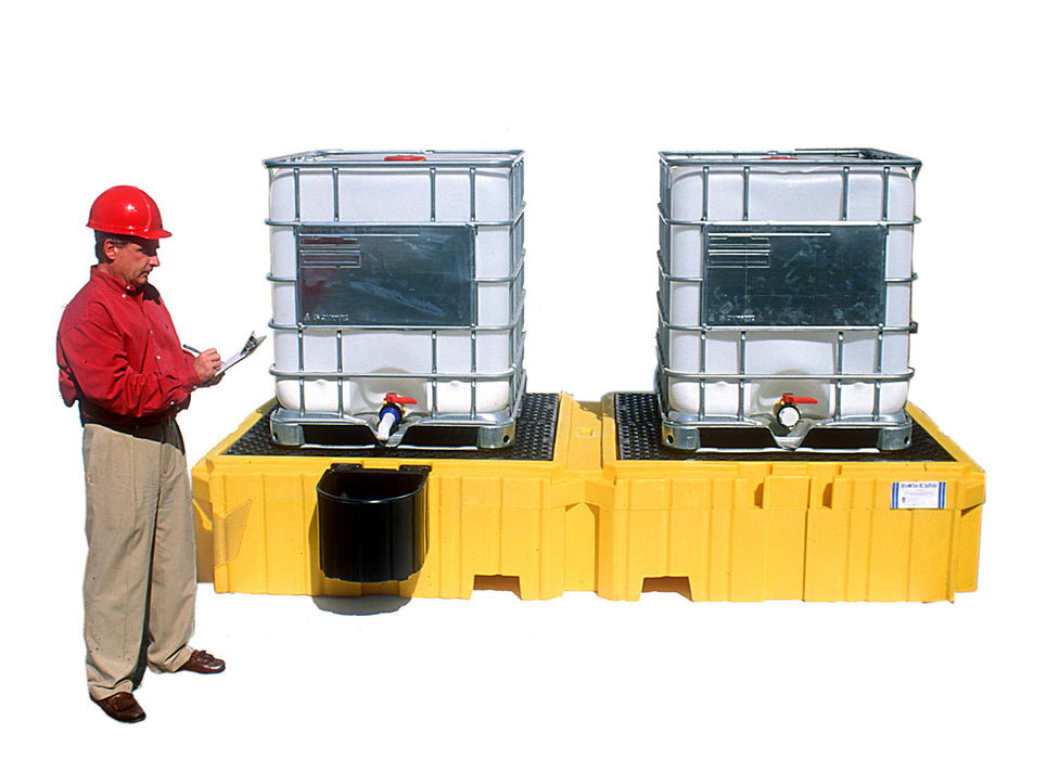 Twin IBC Spill Pallet With 1 right side bucket shelf, With Drain. Part #1145
