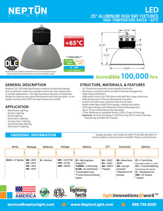 Neptun Light - LED - 25-Inch - Aluminum High Bay Fixture - High Temperature Rated