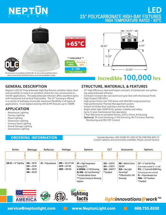 Neptun Light - LED - 25-inch - Polycarbonate High Bay Fixture - High-Temperature Rated