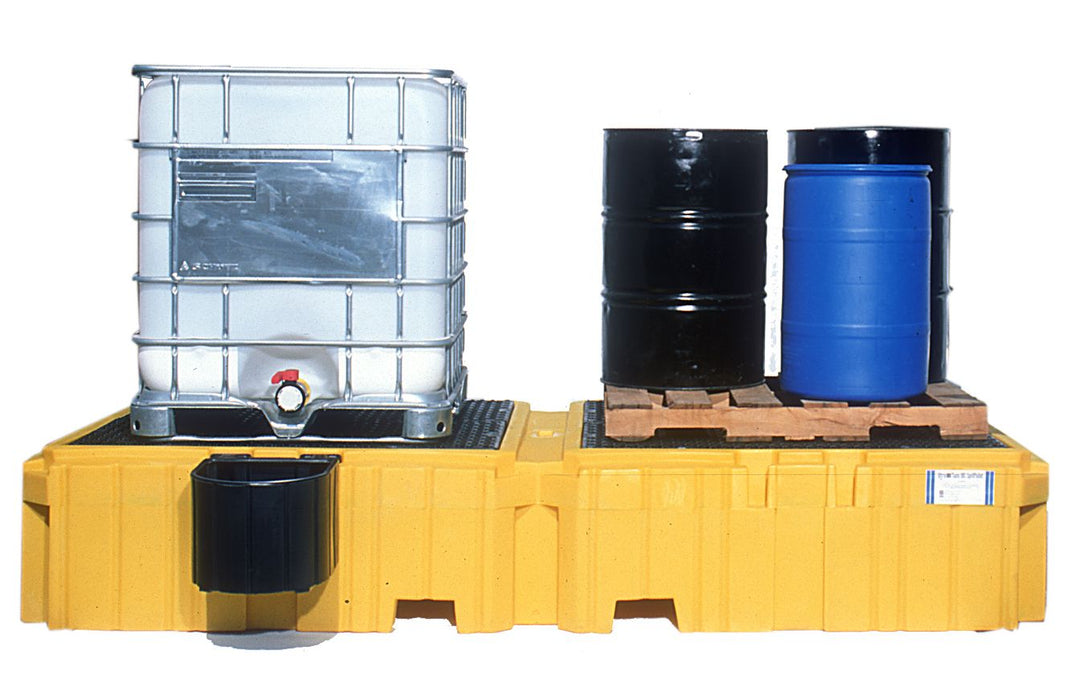 Twin IBC Spill Pallet With 1 right side bucket shelf, With Drain. Part #1145